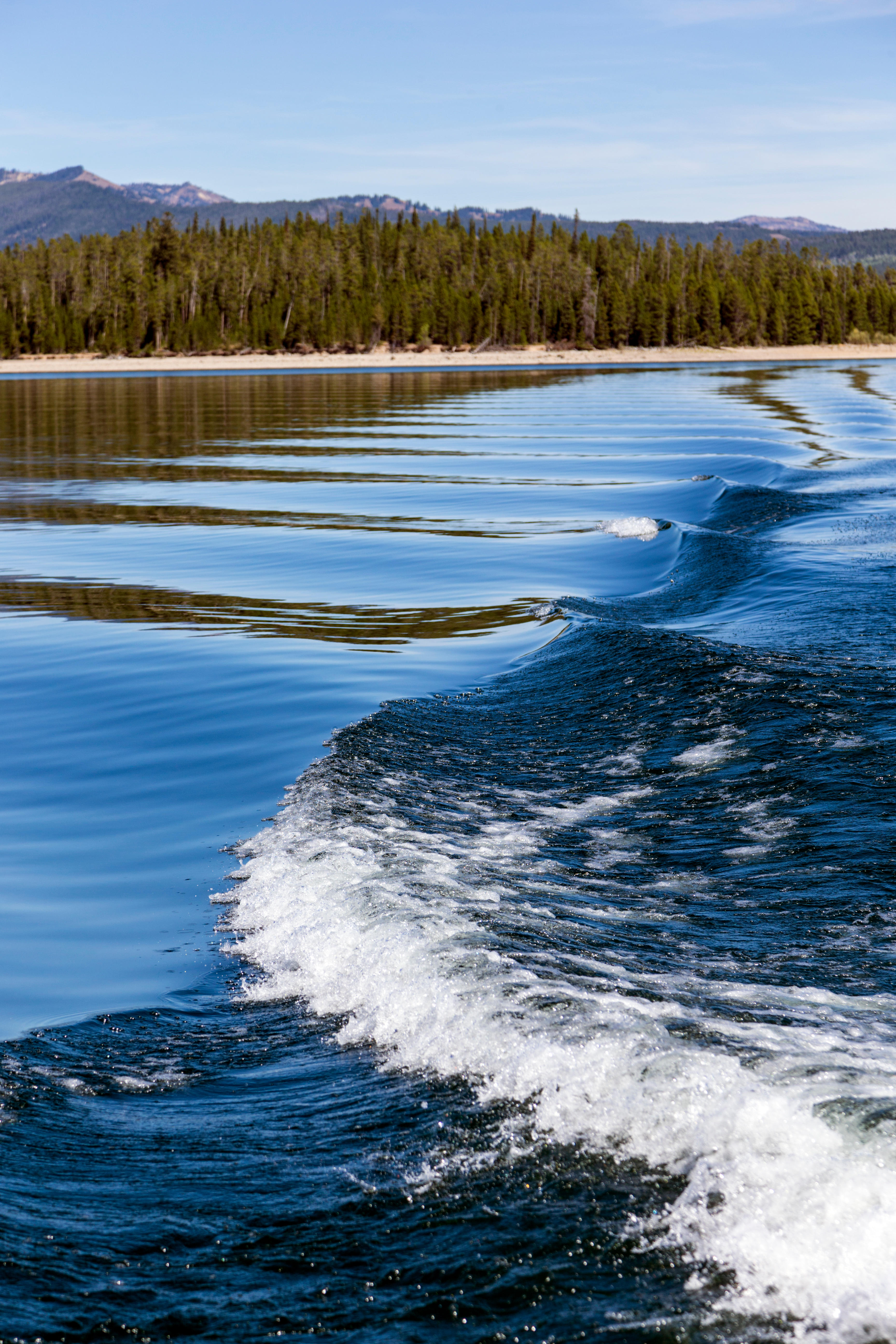 F3PJJ2 Wake & waves from cruise boat; Jackson Lake; Grand Teton National Park; Wyoming; USA